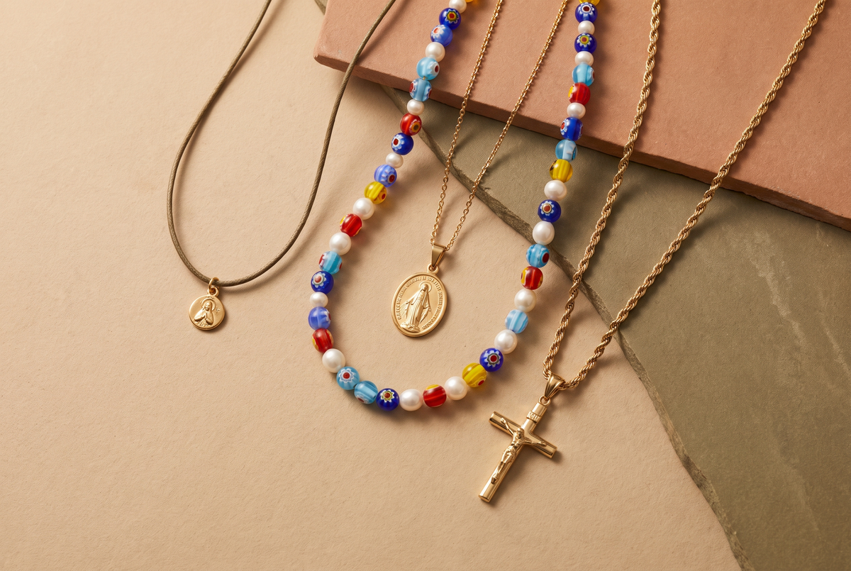 BLK LABEL necklaces collection - gold crucifix necklace, candid jaw and collar shot